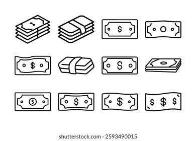  Simple Line Art Illustrations of Stacks and Single Dollar Bills