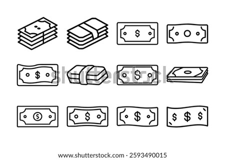  Simple Line Art Illustrations of Stacks and Single Dollar Bills