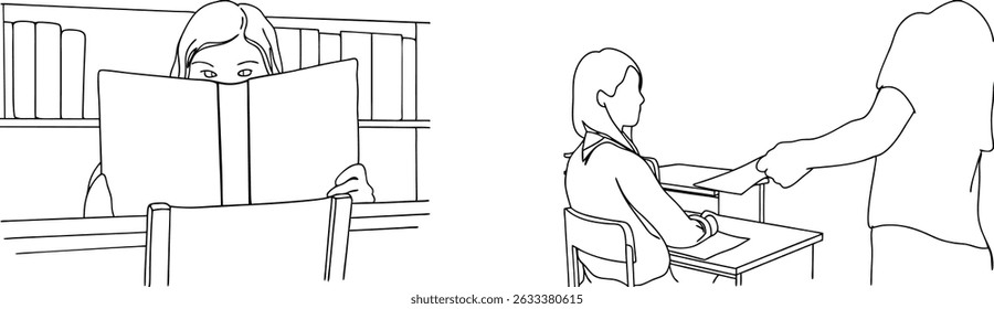 Simple line art illustrations of a student reading and receiving paperwork in classroom