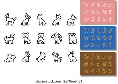 Simple line art illustrations of various cute dogs, cats, and rabbits, ideal for children's books or pet-related designs.