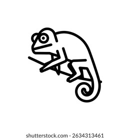 A simple line art image captures a chameleon with a distinctive curled tail firmly grasping a tree branch. The artwork emphasizes clean lines and minimalist style, transparent background.