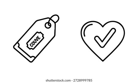 Una Imagen de arte lineal simple con dos íconos distintos. A la izquierda, hay una etiqueta de Precio o etiqueta, ligeramente inclinada, con una Pequeña etiqueta rectangular en el interior que dice 'COuve'. La Grande etiqueta tiene un agujero en la parte superior para la fijación. A la derecha, hay una forma de corazón, también representada en un estilo de arte de línea limpia, con una marca de verificación en negrita en el interior, que indica Aprobación o finalización.