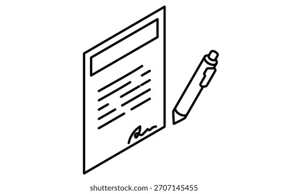 Ilustración isométrica de arte lineal simple de firmar un contrato para la compra de bienes raíces, blanco y negro, Ilustración vectorial