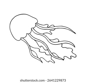 Simple line art of a jellyfish with flowing tentacles. Great for coloring books, kids' projects, or marine themes.