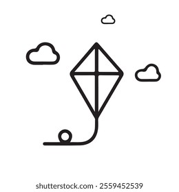 Simple line art of a kite flying in the sky. A clean, stylized line drawing of a diamond-shaped kite with a string and a small circle at the bottom.