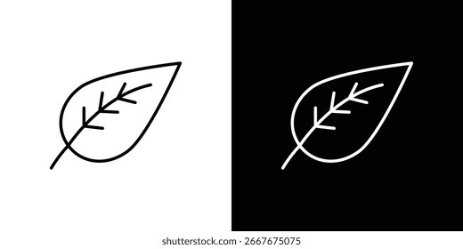 Simple line art leaf icon illustration, shown on both white and black backgrounds. Perfect for eco, nature, or organic designs.