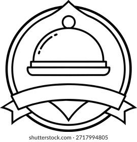 Simple line art logo design of a restaurant food dome with a ribbon banner. Perfect for restaurant menus, websites, and branding. Clean and modern vector illustration, easily customizable. Black and white design.