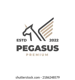 Simple line art logo of a Pegasus horse with golden wings and horns