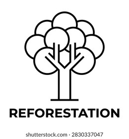 Simple line art logo signifying reforestation with the word label below a stylized tree. Suitable for environmental, ecology, and nature conservation projects.
