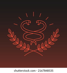 Simple line art logo of wreath leaves with snakes