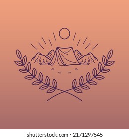 simple line art logo of wreath leaves with tent