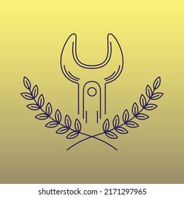 simple line art logo of wreath leaves with wrench