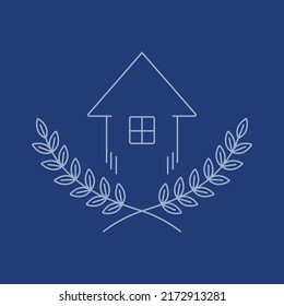 Logotipo de arte de línea simple con hojas de corona con casa