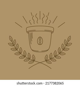 simple line art logo of wreath leaves with coffee cup