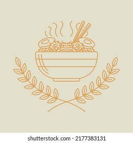 simple line art logo of wreath leaves with ramen bowl