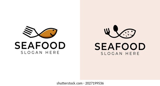 simple line art logos of fish food with fork and spoon icon for seafood business restaurant