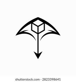 Simple line art of manta ray carrying box symbol.