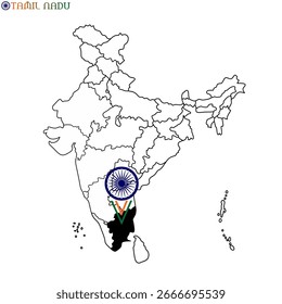 Mapa de arte de línea simple de India con el estado de Tamil Nadu resaltado