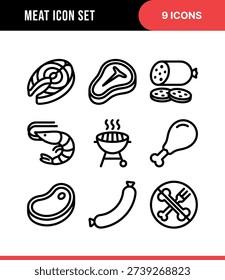 Simple Line Art Meat and Seafood Icon Set for Cooking and Grill