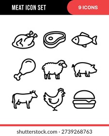 Conjunto de Colección de iconos de ilustración de tipo de carne de arte de línea simple