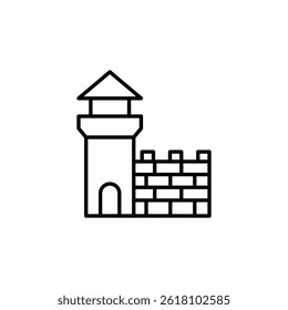 Simple line art of a medieval castle with a tower and brick wall