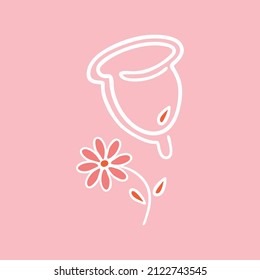 Simple line art menstrual cup on pink background with chamomile flower. Organic concept of hygiene products for women during menstruation.