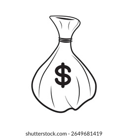 Simple line art of a money bag with a dollar sign symbol, ideal for finance, savings, investment icons, banking visuals, or economic-themed illustrations and infographics.