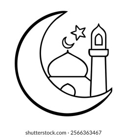 Simple Line Art of a Mosque and Crescent Moon for Religious Celebrations