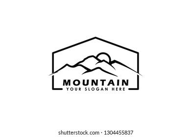 Simple line art mountain logo with ribbon