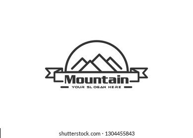 Simple line art mountain logo with ribbon