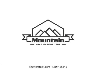Simple line art mountain logo with ribbon
