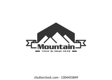 Simple line art mountain logo with ribbon