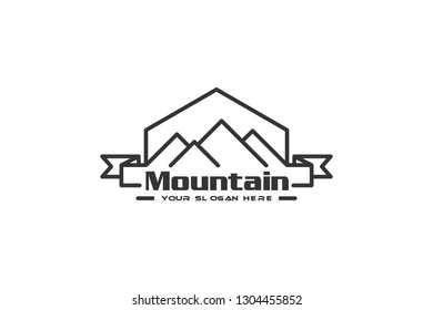 Simple line art mountain logo with ribbon