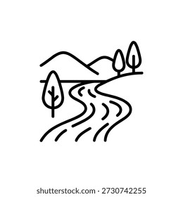 Simple Line Art Mountain River Landscape Element Graphic Illustration