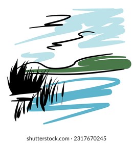 Simple line art nature landscape. Hand drawn lake rural scene. Vector sketch drawing.