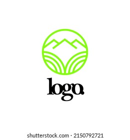 Simple line art nature logo with mountain and river. Green line art logo. Suitable for product, company, organization, and brand.