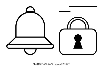 Simples linha de arte de um sino de notificação e um cadeado com buraco de fechadura, significando alertas e segurança. Ideal para aplicativos, sites, notificações, medidas de segurança, privacidade, alertas e interfaces de usuário