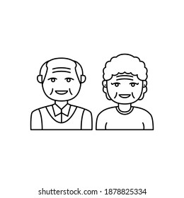 Simple line art old couple vector illustration isolated on white background. Linear style of grandparents icon