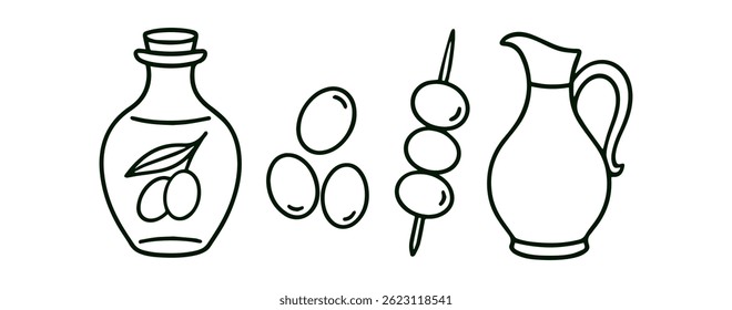 Simple line art of olives. Vector olive, olive oil, jug