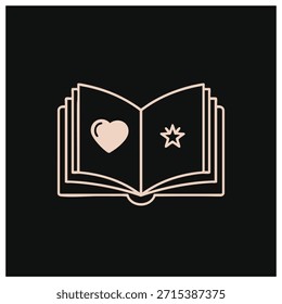 Arte lineal simple de un libro abierto con un corazón y una estrella en sus páginas