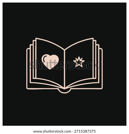 Simple line art of an open book with a heart and star on its pages