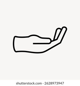 Simple line art of an open hand. Minimalist hand design. Outline of a hand in a giving gesture. Hand illustration on a plain background. User interface icon vector.