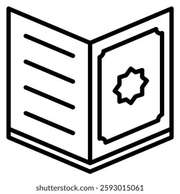 Simple line art of an open Islamic book with a star, for educational or cultural projects.