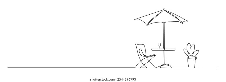 Simple line art of an outdoor cafe with umbrella and chair