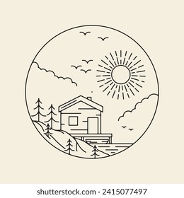 einfaches Line Art Outdoor-Cottage-Logo mit Circle Vintage Symbol-Design