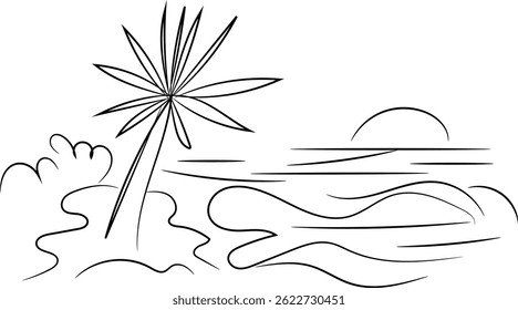 Simple line art of a palm tree on a beach at sunset.