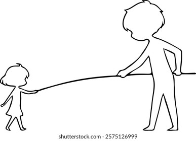 Simple Line Art of a Parent and Child Playing with a Rope. A heartwarming, playful illustration of a parent and child engaged in a game.