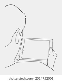 Einfache Linienführung einer Person, die von hinten betrachtet wird, die ein Tablettengerät mit einem leeren Bildschirm hält, was die Verwendung von Technologie nahe legt.