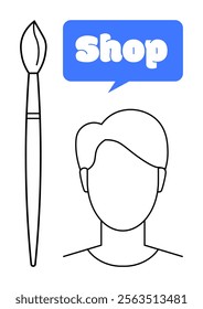 A simple line art of a persons silhouette and a paintbrush beside a blue speech bubble with the word Shop. Ideal for art, supplies, store promotion, creativity, and business advertising. Clean