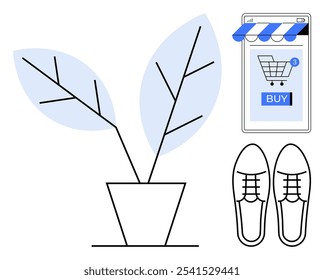 Simple line art portraying a potted plant, sleek shoes, and an online shopping screen. Ideal for e-commerce, fashion, nature, technology, and online retail themes. Minimalist and modern style
